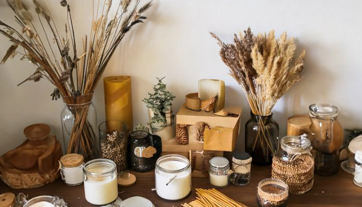 velas aromaticas de soya sobre una mesa rustica con espigas en la mesa y otras artesanias