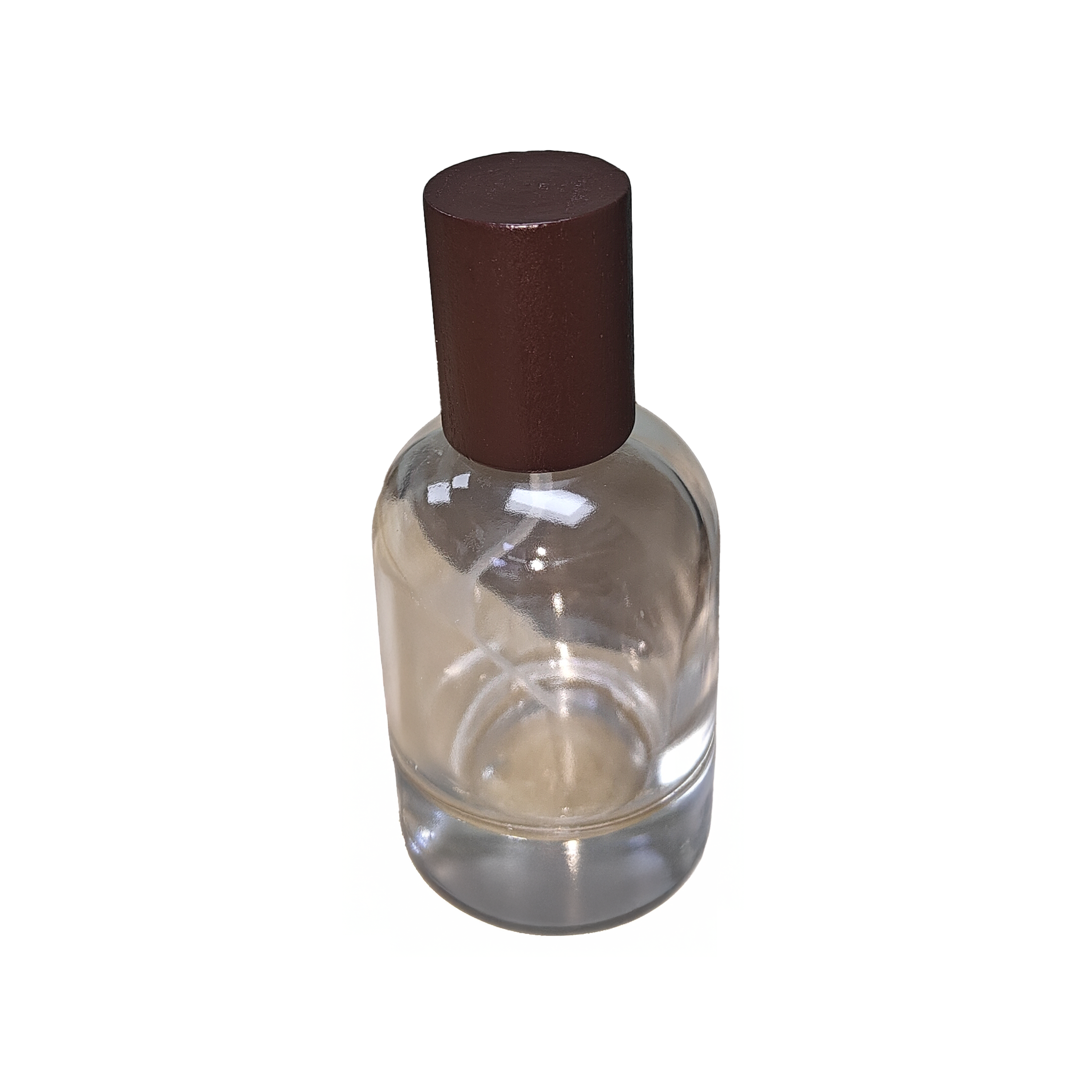 Atomizador de perfume redondeado con tapa inspirada en madera
