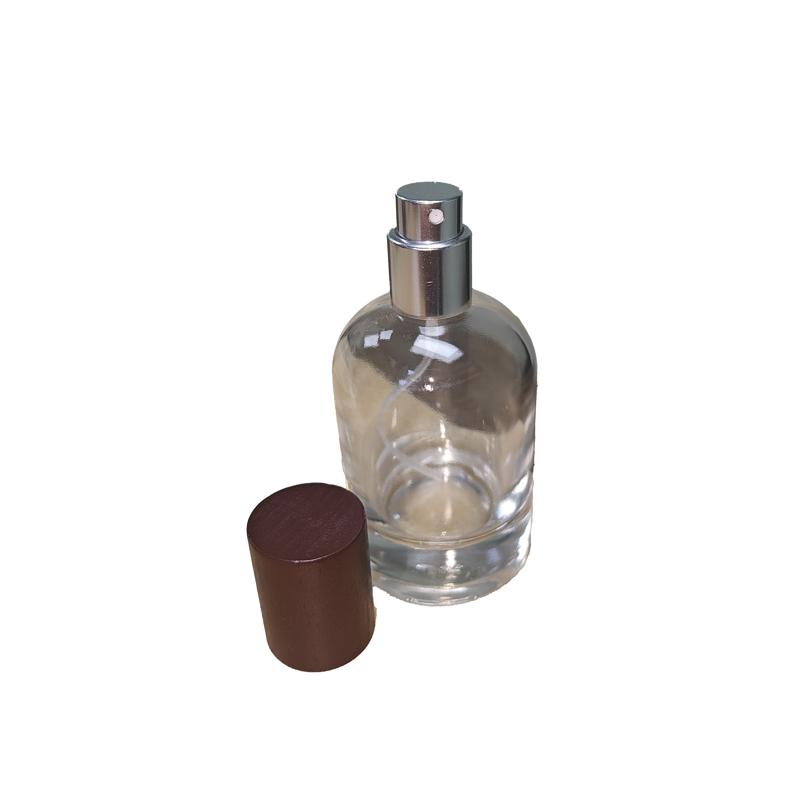 Atomizador de perfume redondeado con tapa inspirada en madera