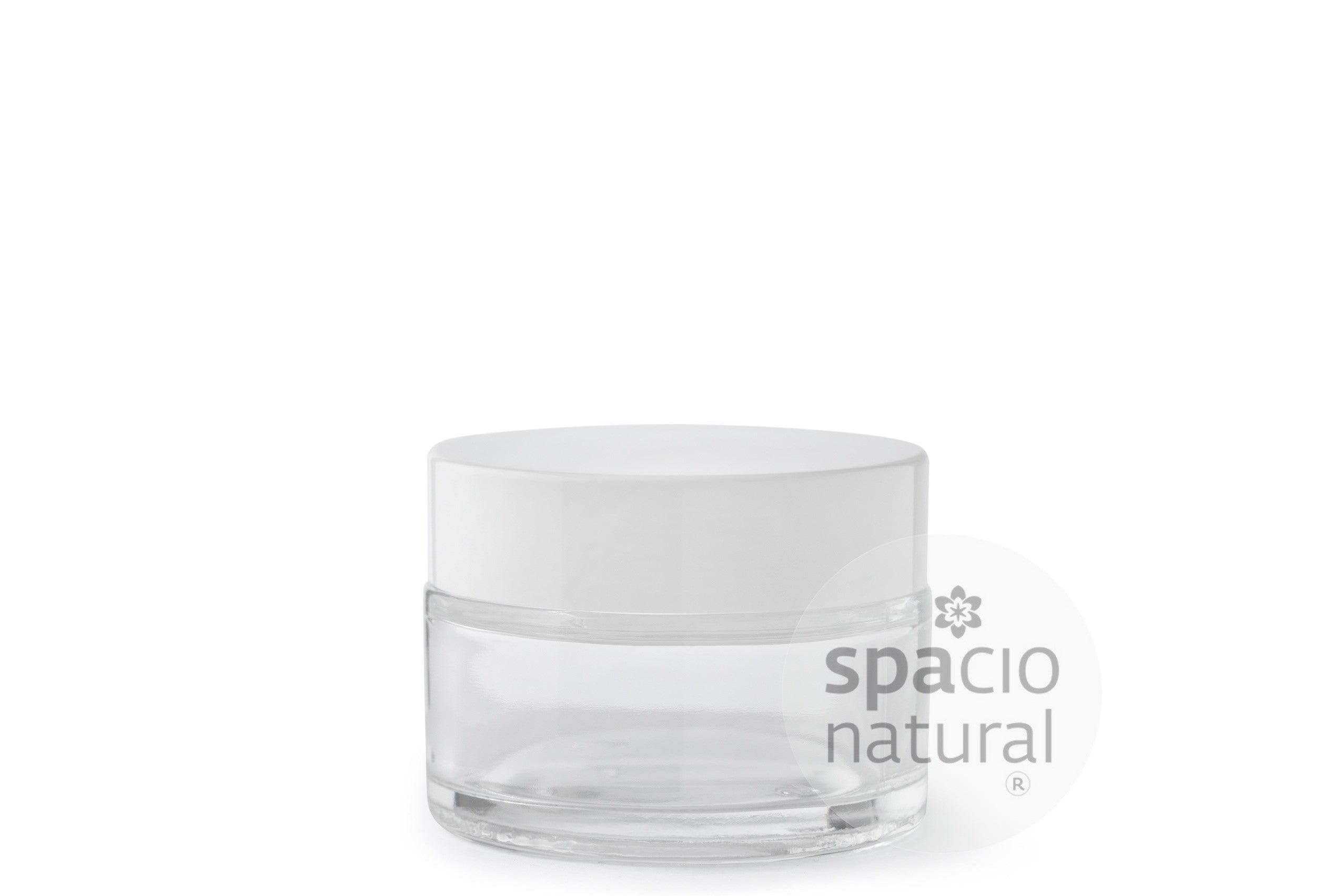 Pote vidrio transparente 50 ML tapa blanca contratapa plástica transparente