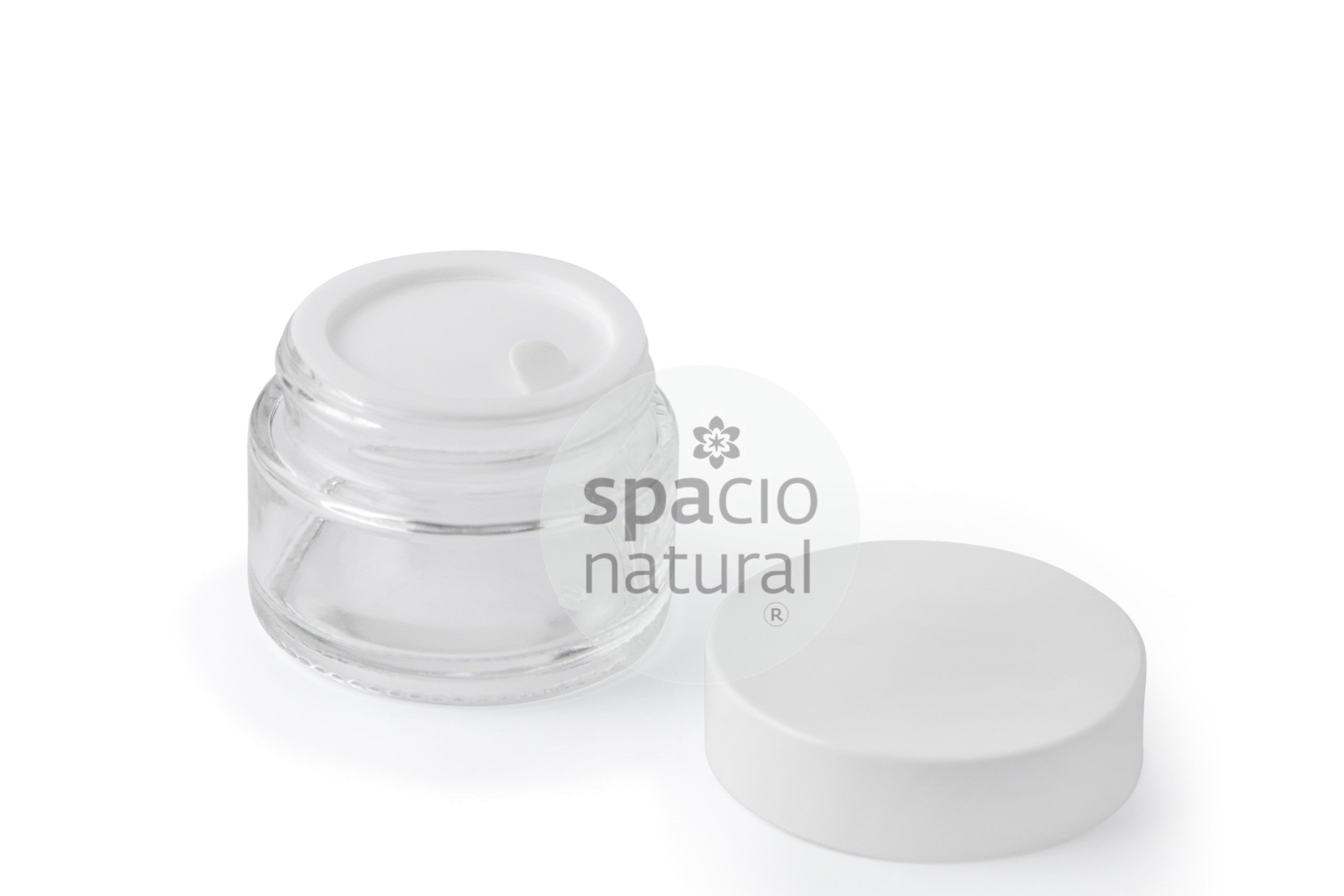 Pote vidrio transparente 50 ML tapa blanca contratapa plástica transparente